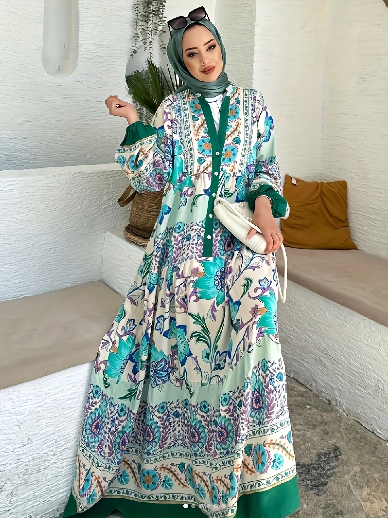 Abaya Dress Women's Plus Floral Print Lantern Sleeve Button Up