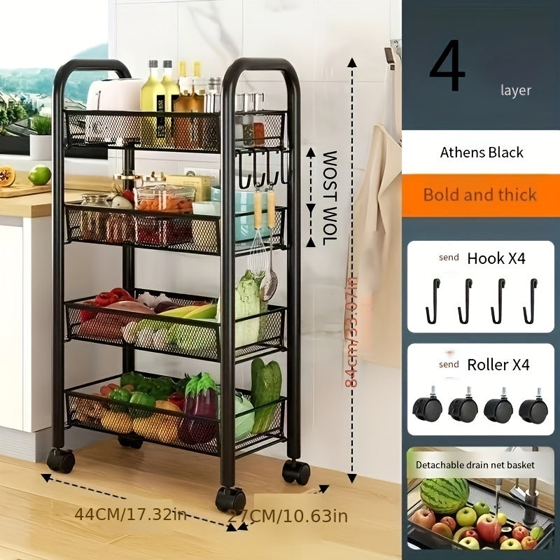 4 Tier Kitchen Cart On Wheels Rolling Shelf Storage Floor Movable Small Cart
