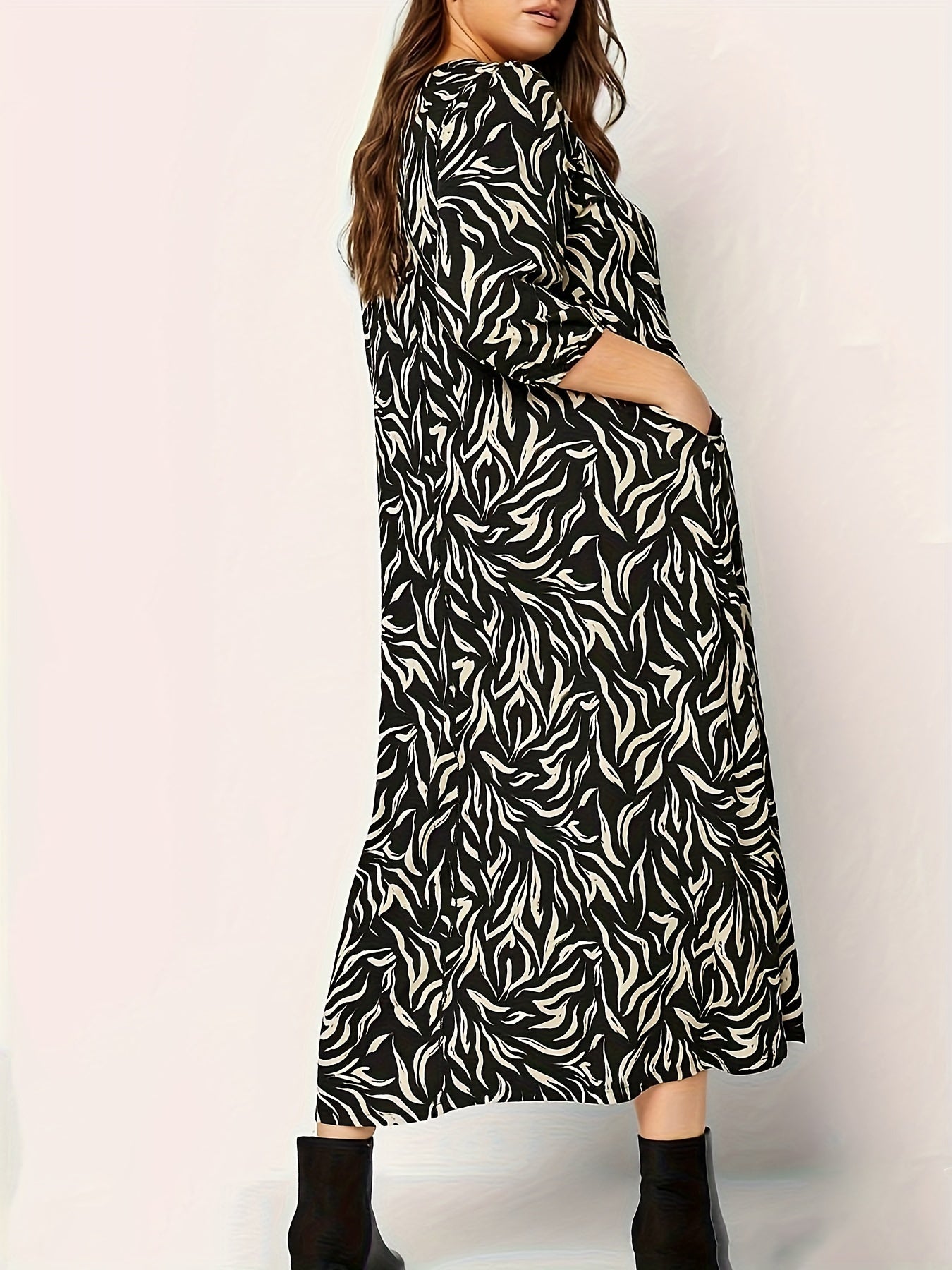 Allover Print Lantern Sleeve V Neck Midi Dress With Pockets