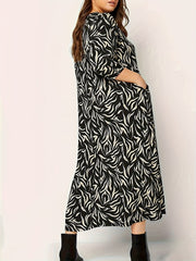 Allover Print Lantern Sleeve V Neck Midi Dress With Pockets
