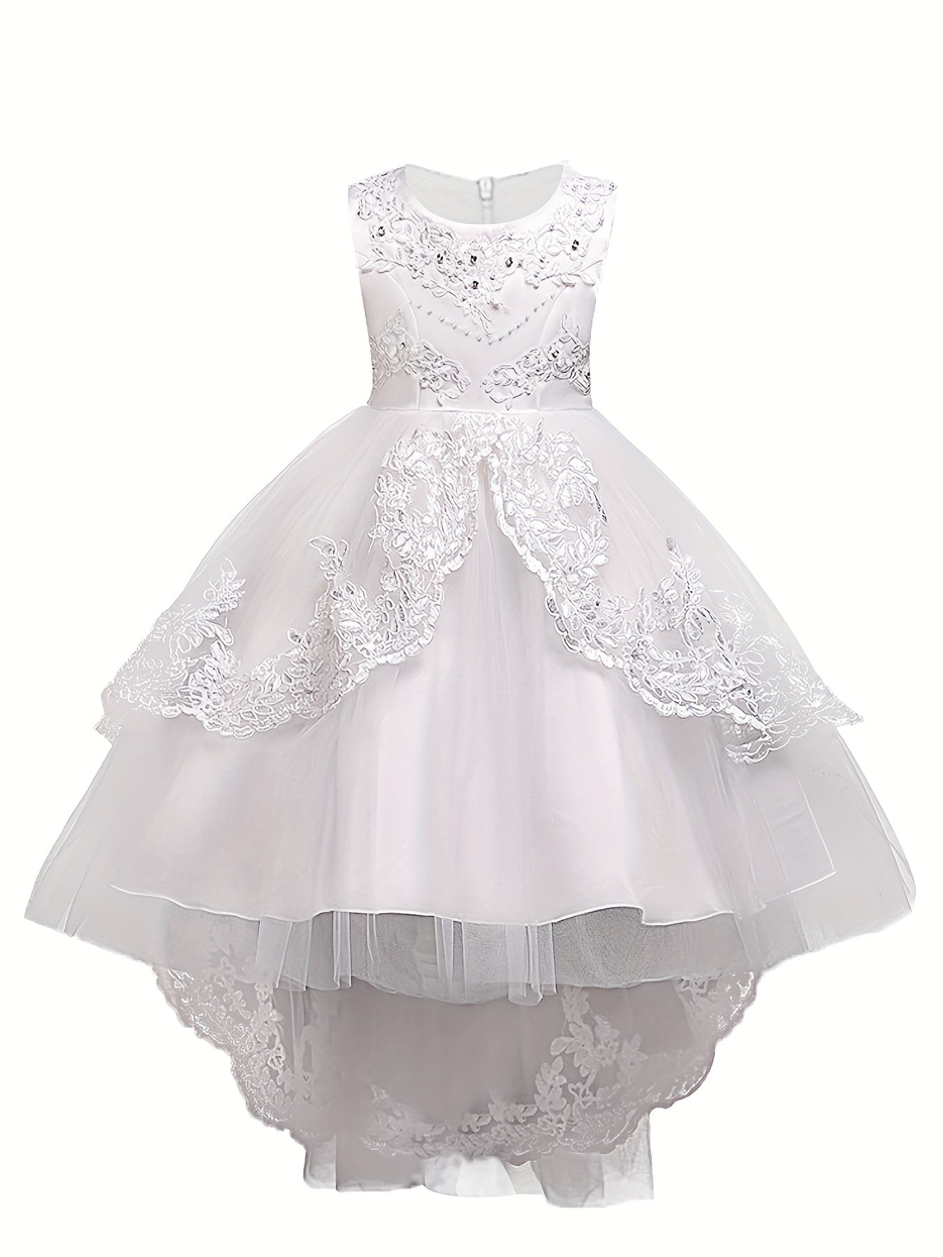 Girls Puffy Princess Dress Sleeveless Beaded Flowers Embroidery Tulle Lace Tutu