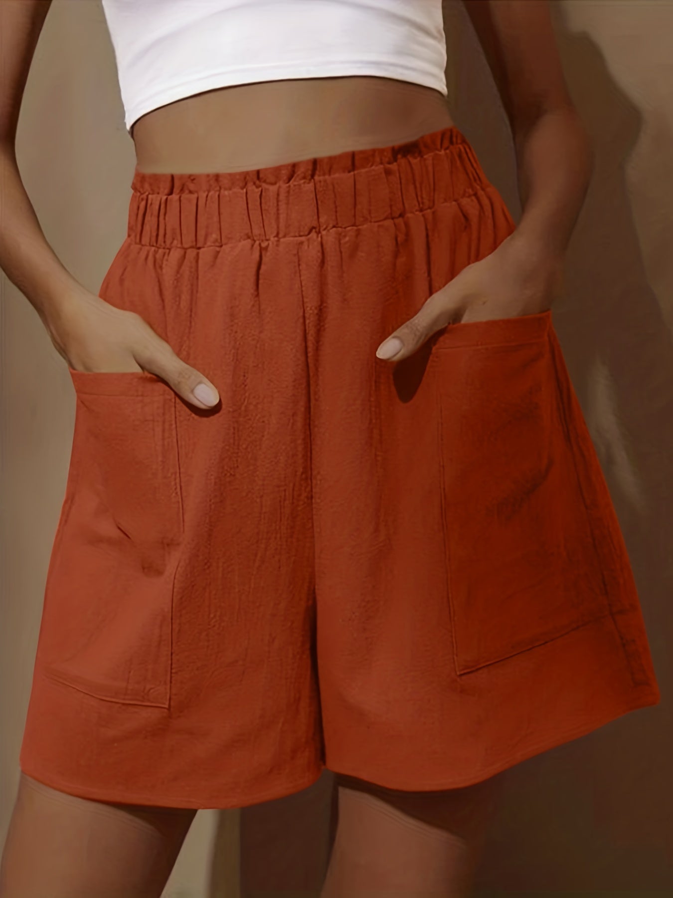 Boho Smocked Shorts Elastic High Waist Ruffle Trim with Pockets