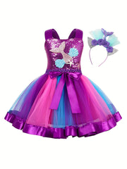 Girls Mermaid Princess Costume Tutu Dress Halloween Halter Neck Dress with Headb