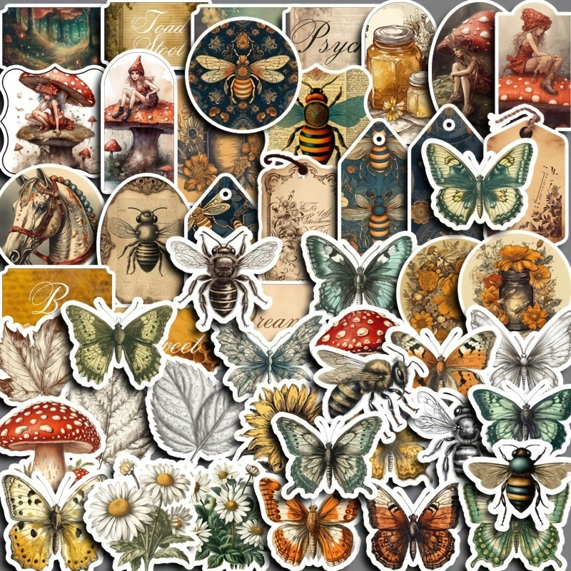 50 Vintage Forest Themed Stickers - Nature Inspired Decals with Butterflies