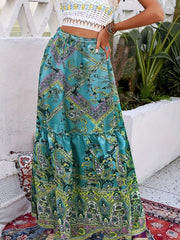 Boho Paisley Print Drawstring Maxi Skirt