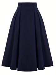 Button Front High Waist Solid Pleated Skirt
