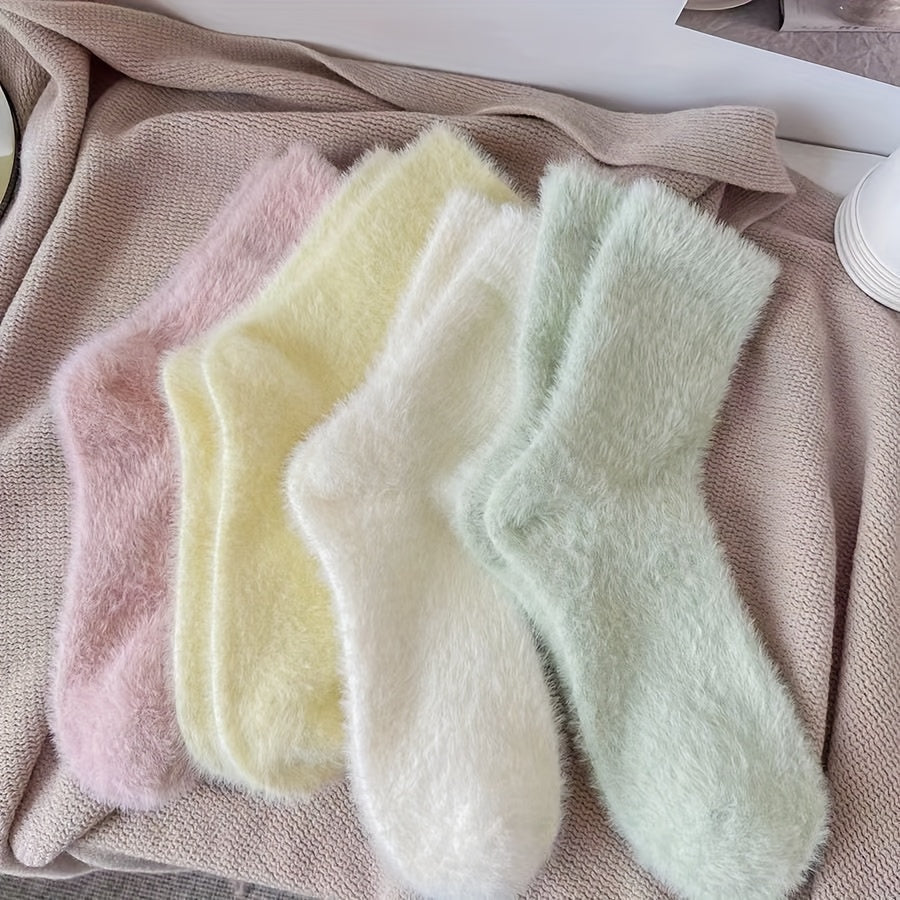 4 Pairs Solid Plush Socks Soft & Comfy Mid Tube Socks Women's Stockings