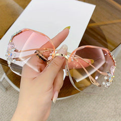 Ombre Lens Sunglasses Rhinestone Decor Oversized Rimless Eyewear UV400