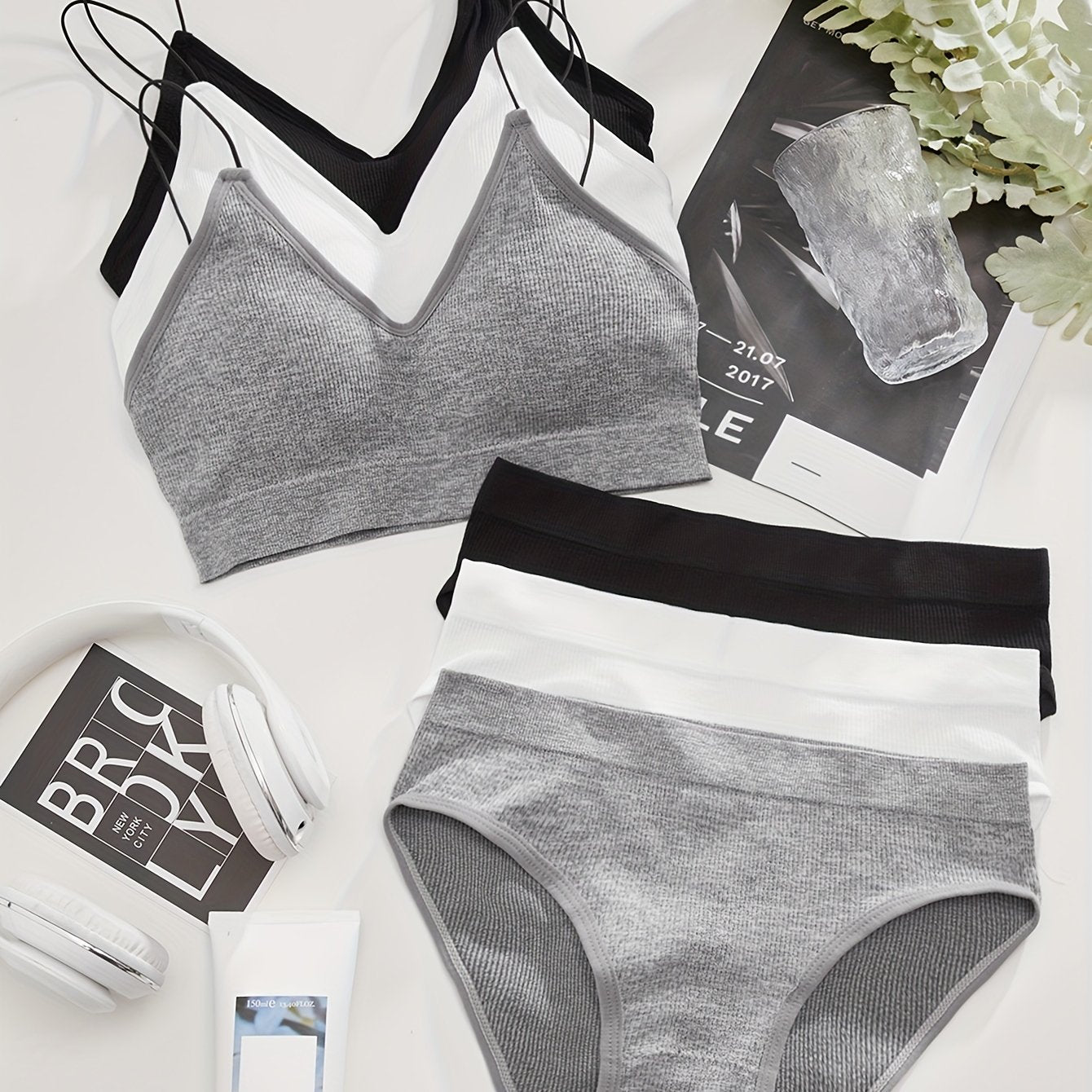 3 Sets Ribbed Bra & Panties Wireless Lingerie Women's Underwear
