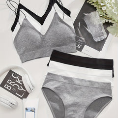 3 Sets Ribbed Bra & Panties Wireless Lingerie Women's Underwear