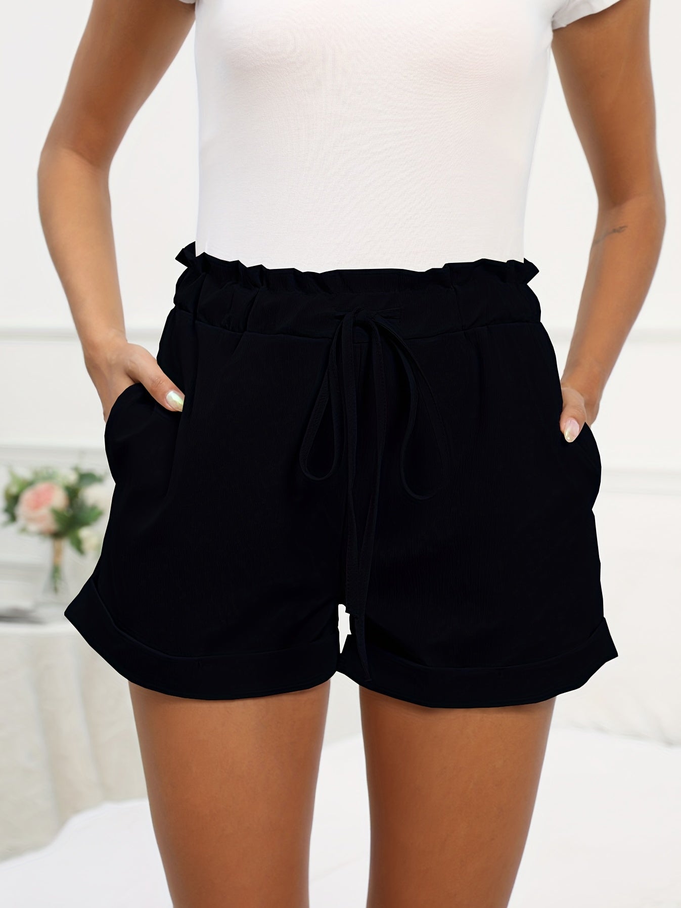 Solid Drawstring Shorts Women's Casual Elastic Waist