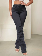 High Waist Straight Jeans Slash Pockets Denim Pants