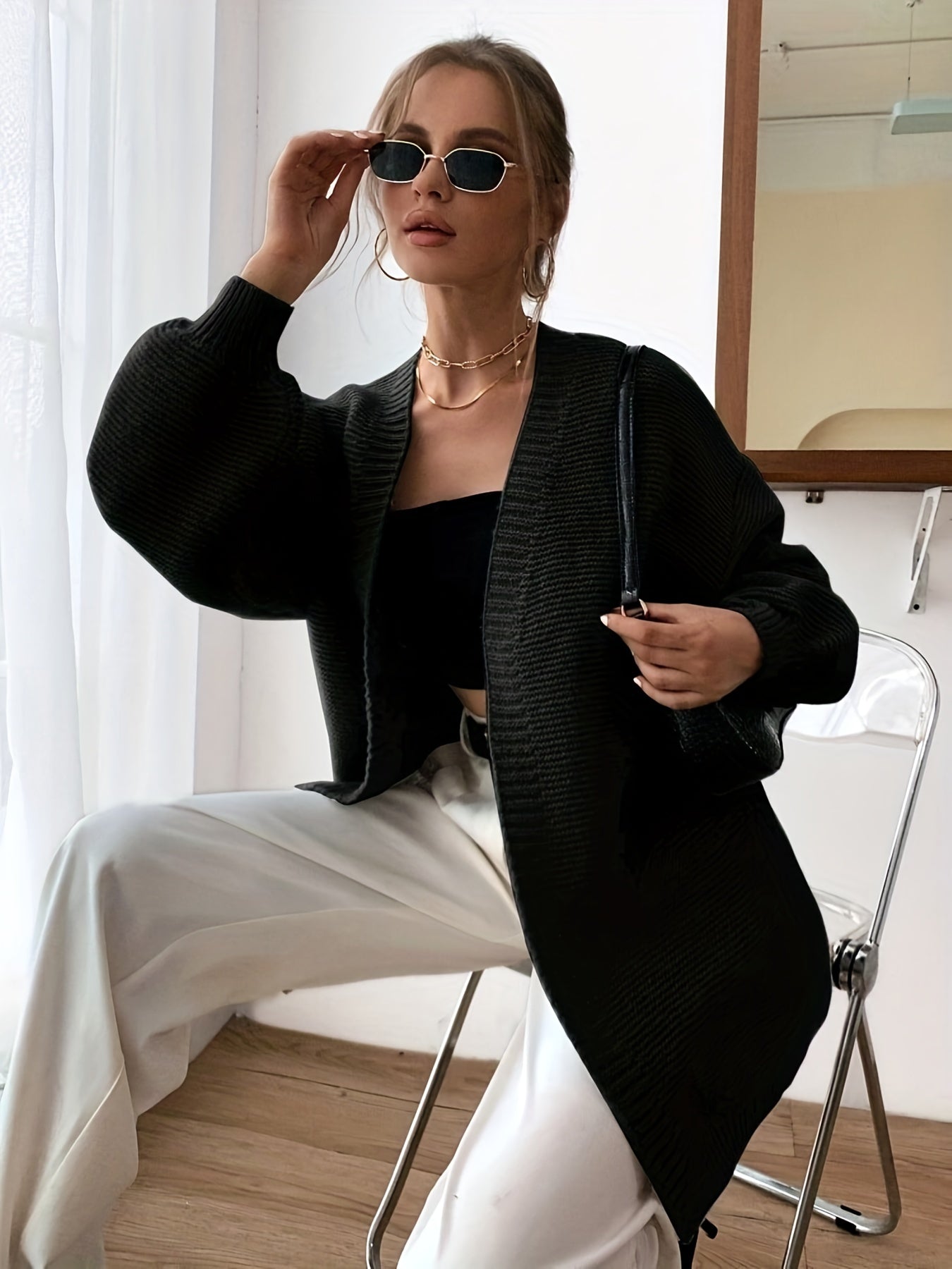 Casual Lantern Sleeve Cardigan Open Front