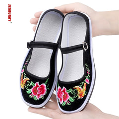 Flower Embroidered Buckle Strap Lightweight Shoes for Women