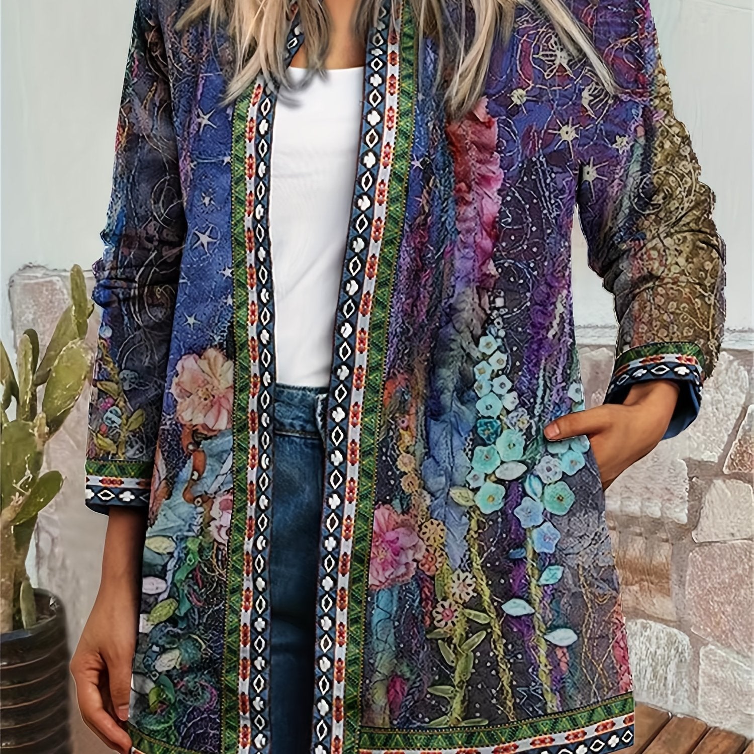 Floral Print Open Front Jacket Long Sleeve Casual Jacket for Fall & Winter