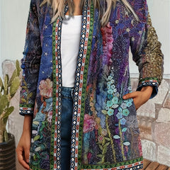 Floral Print Open Front Jacket Long Sleeve Casual Jacket for Fall & Winter