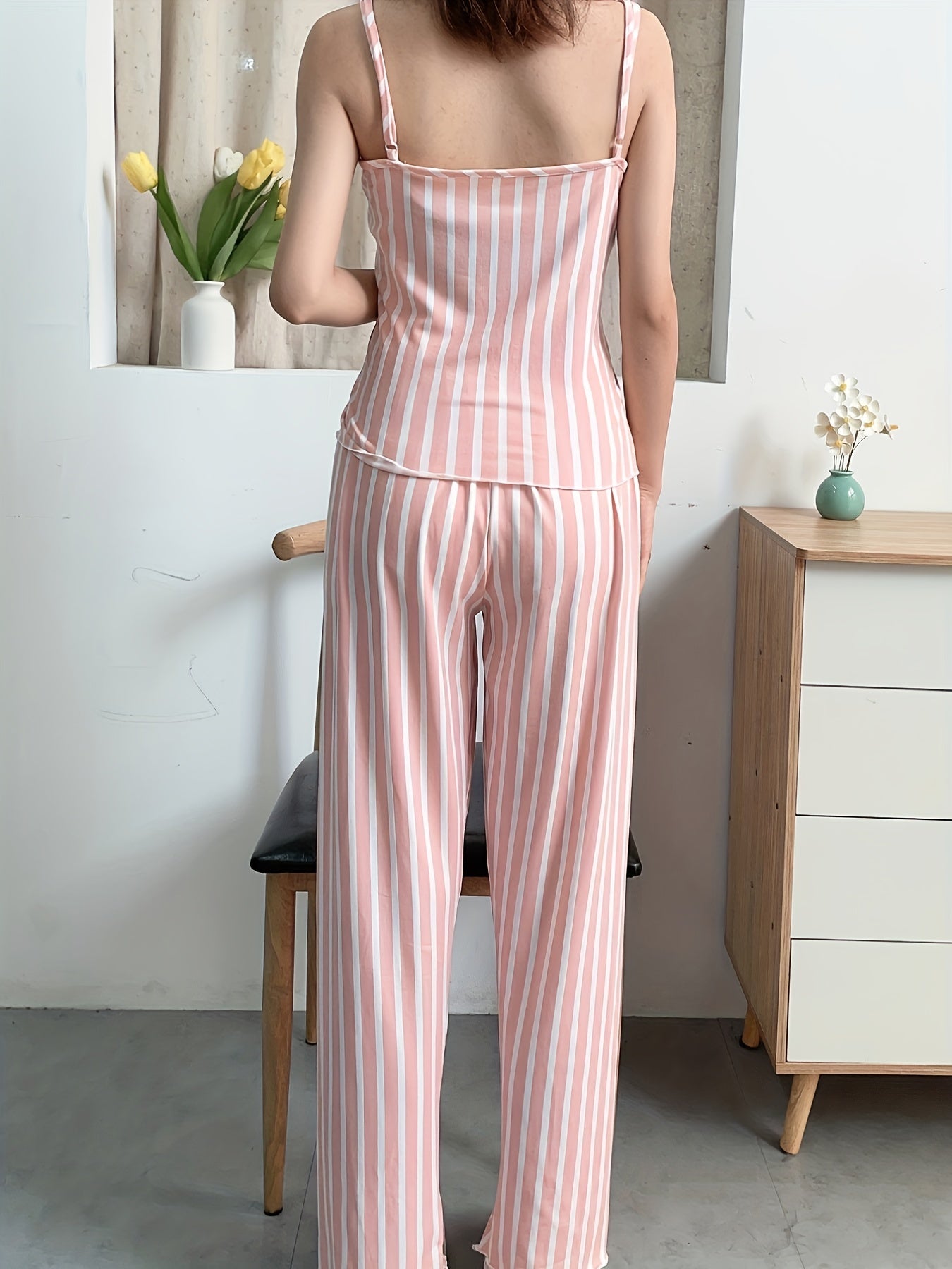 Striped Pajama Set V Neck Cami Top & Pants Women's Sleepwear