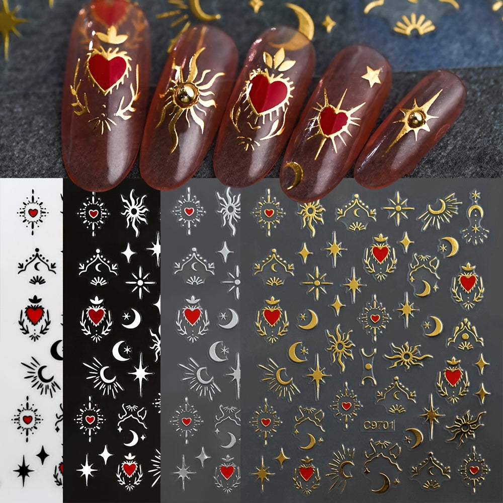 Bronzing Love Heart Star Moon Nail Stickers Geometric Line Nail Decals