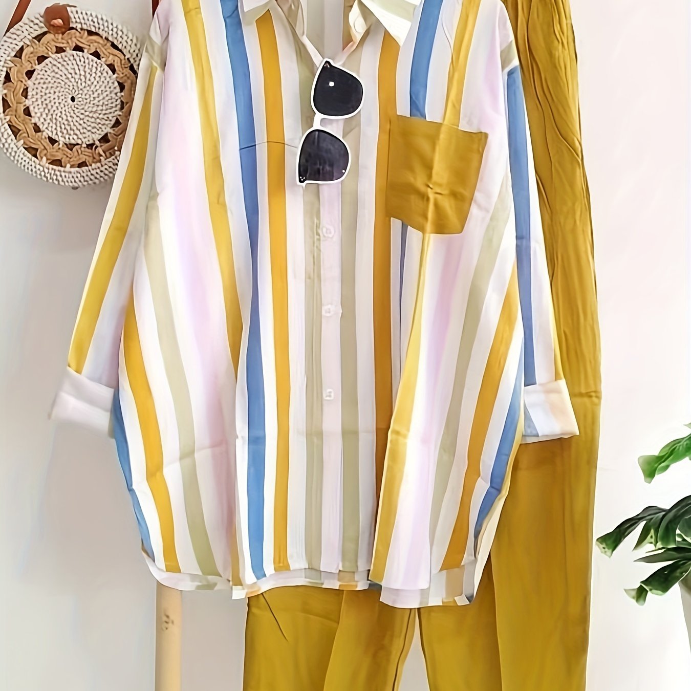 Stripe Print Shirt & Pants Outfit Set
