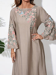Floral Embroidered Maxi Dress with Flare Sleeves
