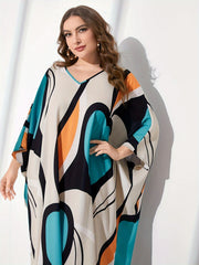 Contrast Colorblock Batwing Sleeve V Neck Maxi Dress