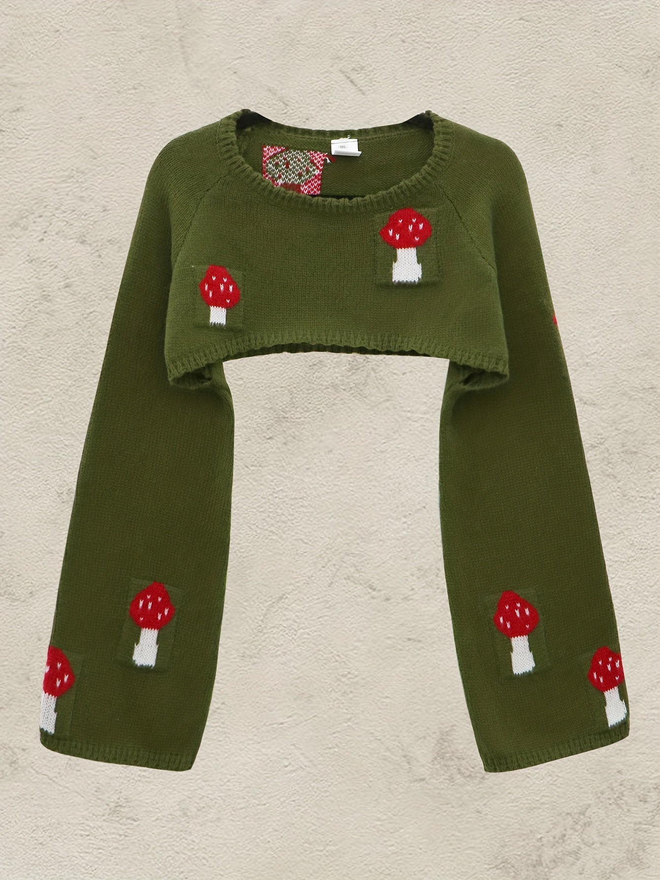 Y2K Mushroom Print Bell Sleeve Crop Sweater