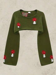 Y2K Mushroom Print Bell Sleeve Crop Sweater
