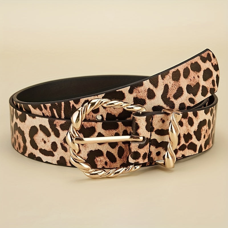 Leopard Print PU Belt Golden Pin Buckle Vintage Waistband for Women