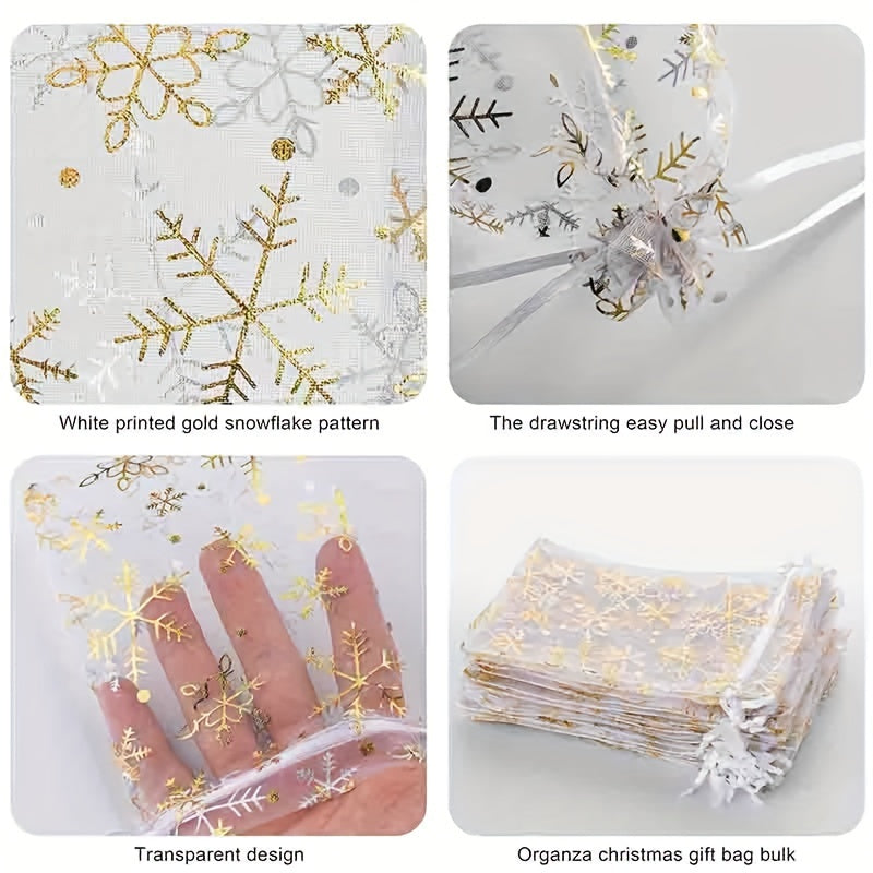 50pcs Christmas Gift Bags Snowflake Organza Mesh Jewelry Bags