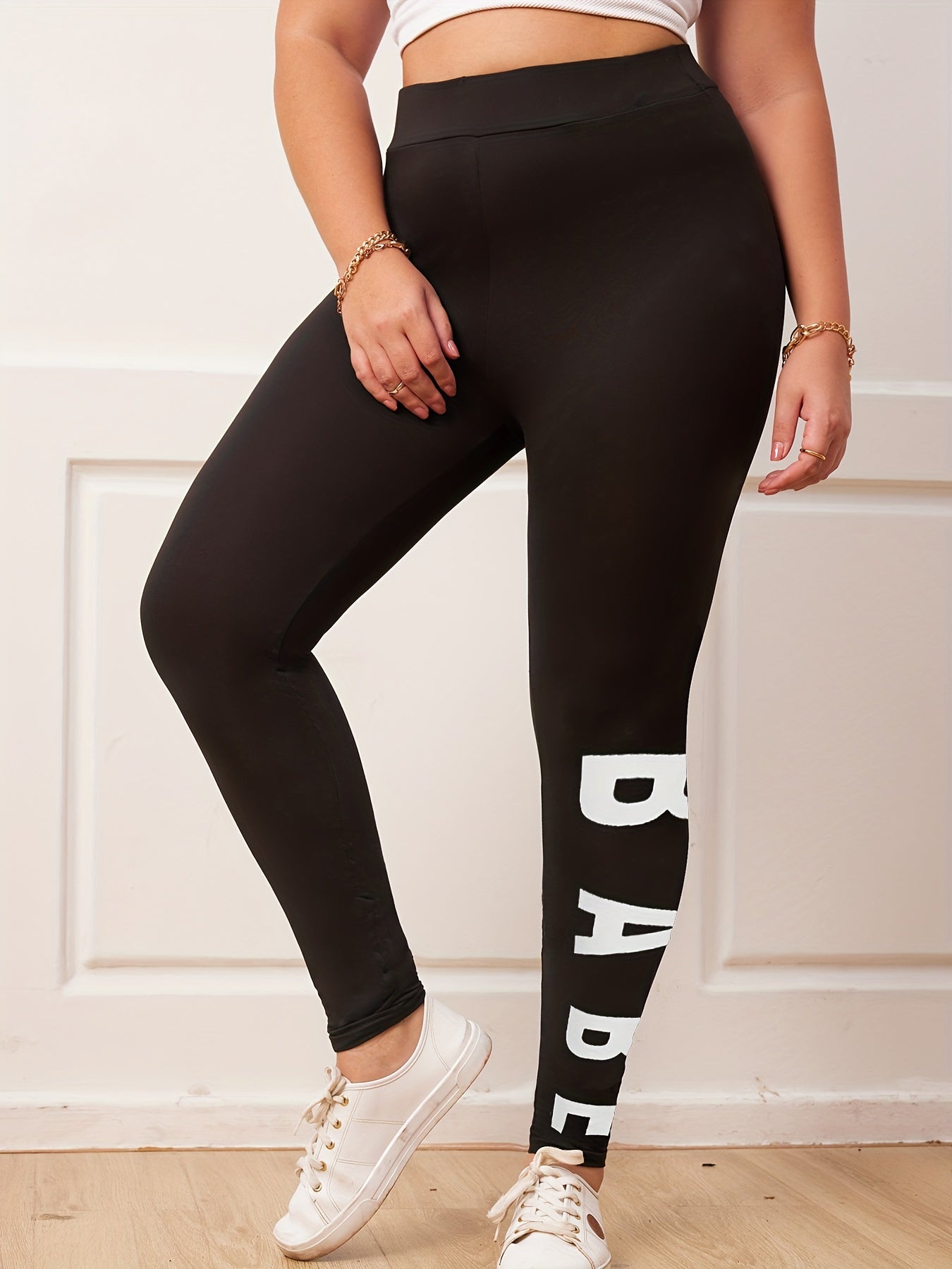 Women's Plus Letter Print High Rise Leggings