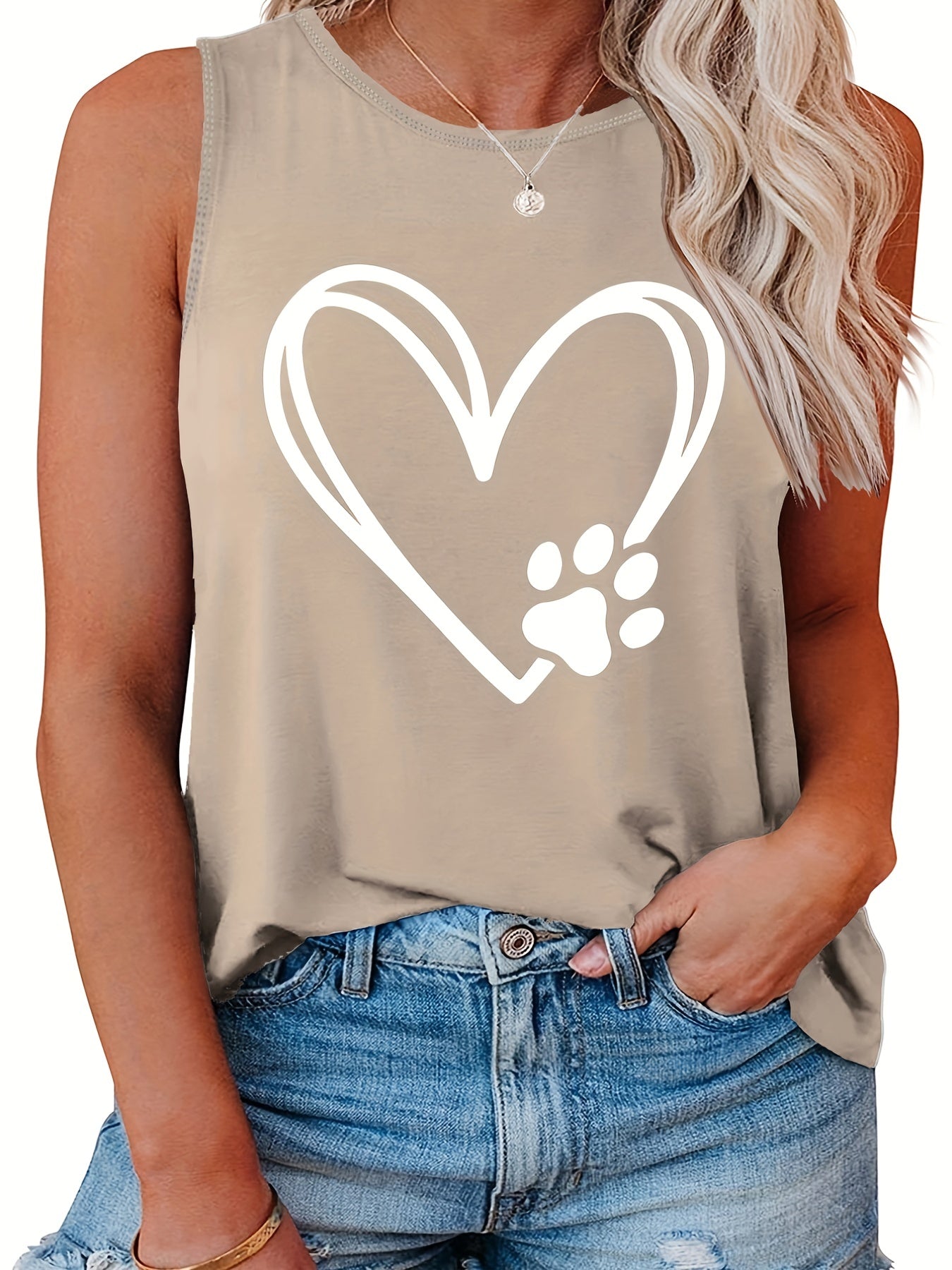 Heart & Paw Print Round Neck Tank Top