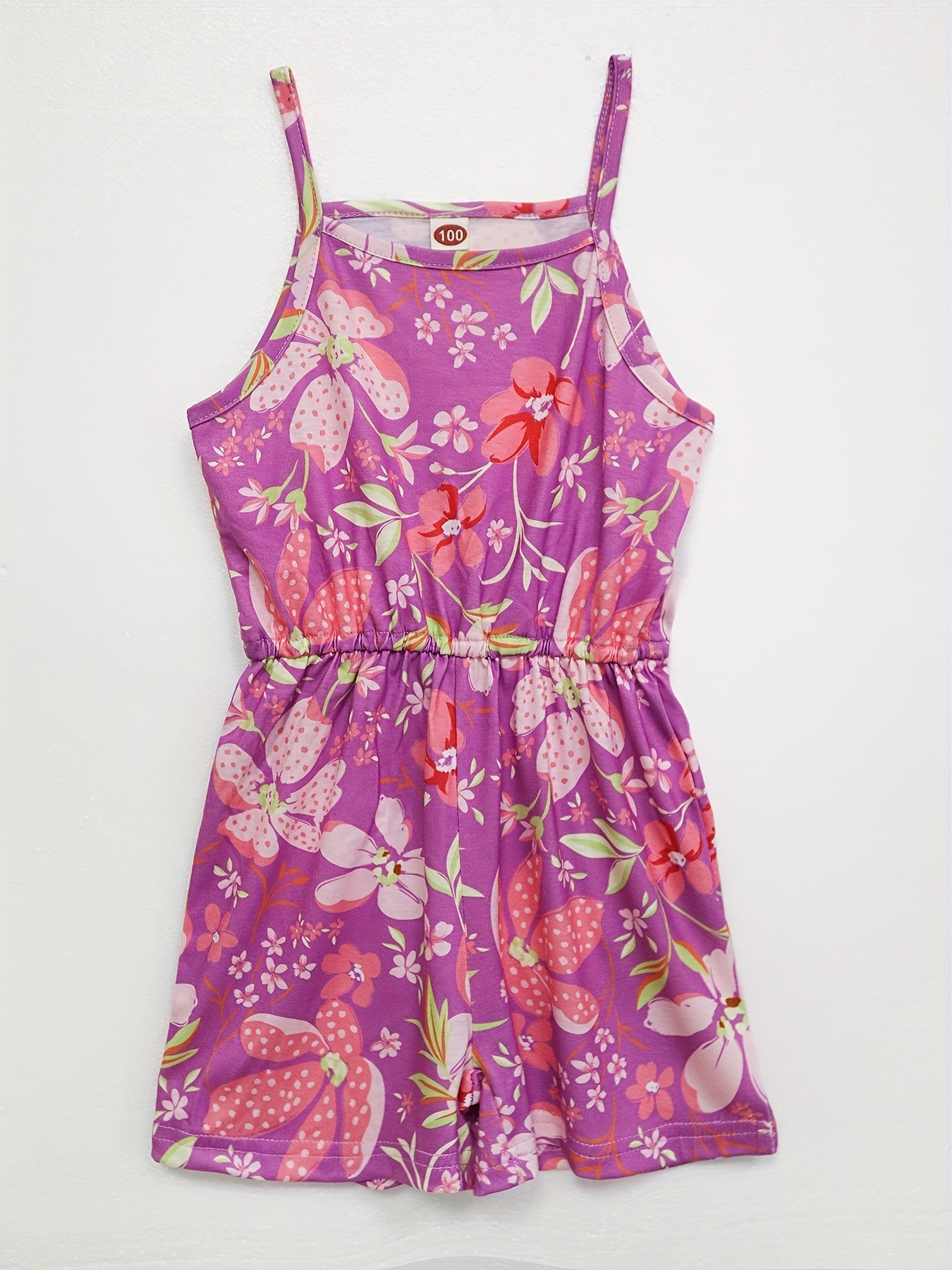Girls Flowers Print Cami Romper Stretch Suspenders Jumpsuit
