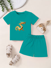 Toddler Dragon Cartoon Print T-shirt & Shorts Set