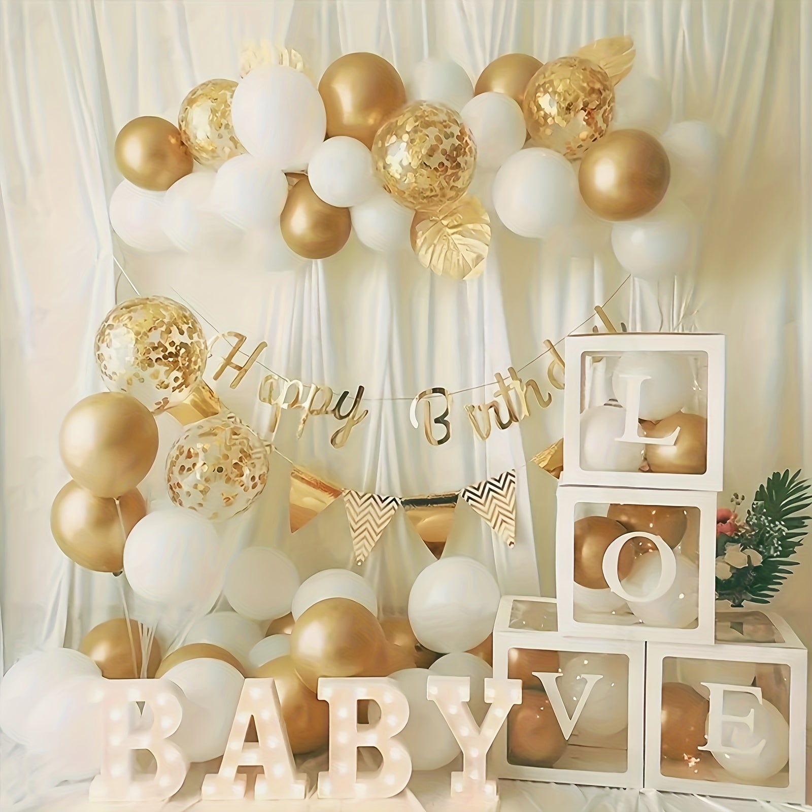 Platinum Balloon Garland Arch Kit With Golden Confetti Balloons