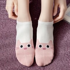 5 Pairs Pink Cat Print Short Socks Soft Lightweight Low Cut Ankle Socks