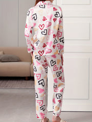 Heart Print Pajama Set Long Sleeve Top & Pants Women's Sleepwear