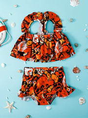 Baby Girls Print Swimsuit Set Ruffle Layered Crop Top Shorts 2pcs