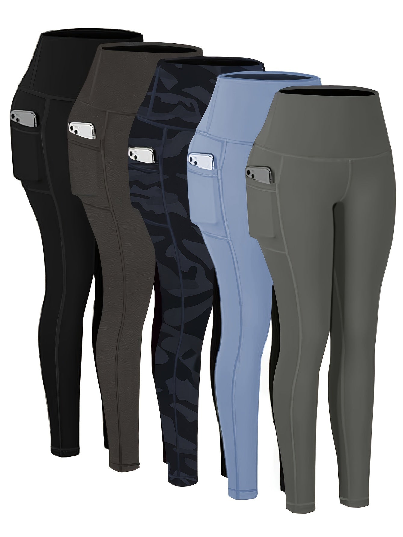 5 Pack Plus Size Sports Leggings Set Women's Plus Stitching Wide Waistband