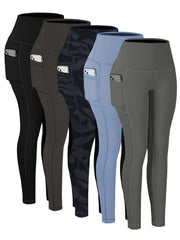 5 Pack Plus Size Sports Leggings Set Women's Plus Stitching Wide Waistband