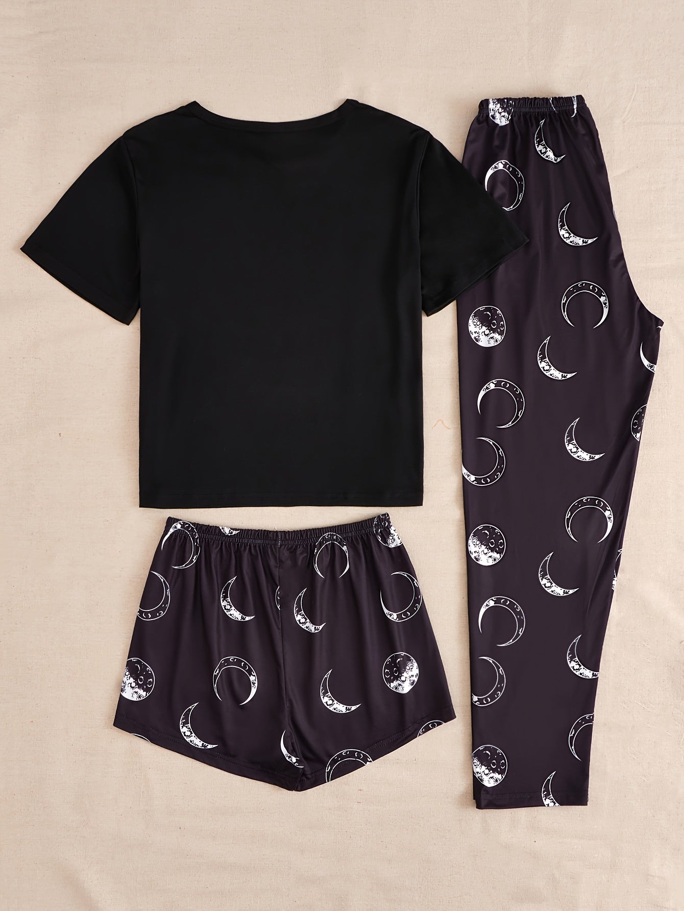 Moon Print Pajamas Set Short Sleeve Top & Shorts & Pants