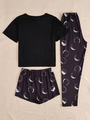 Moon Print Pajamas Set Short Sleeve Top & Shorts & Pants