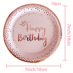 Pink Rose Golden Party Plates Napkins Cups Set for Birthday Decoration