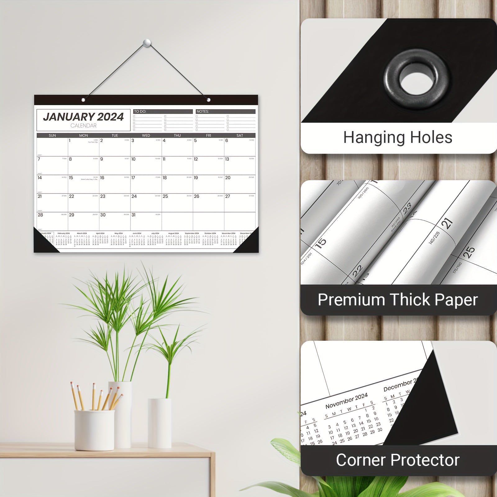 12-Month Wall Calendar 43x30 Twin Wire Binding Thick Paper Julian Dates