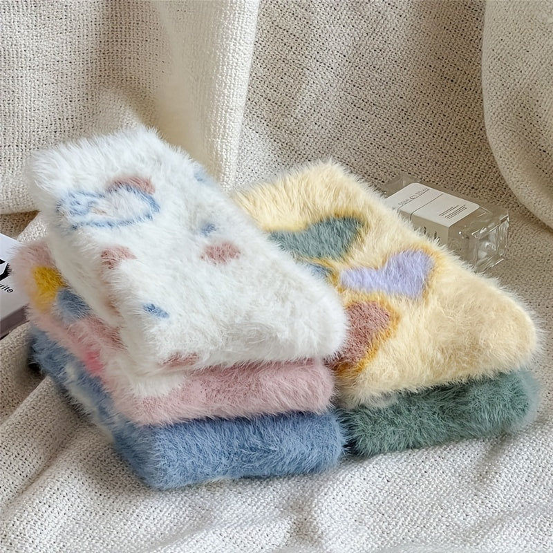 5 Pairs Heart & Floral Print Socks Fuzzy Warm Women's Stockings