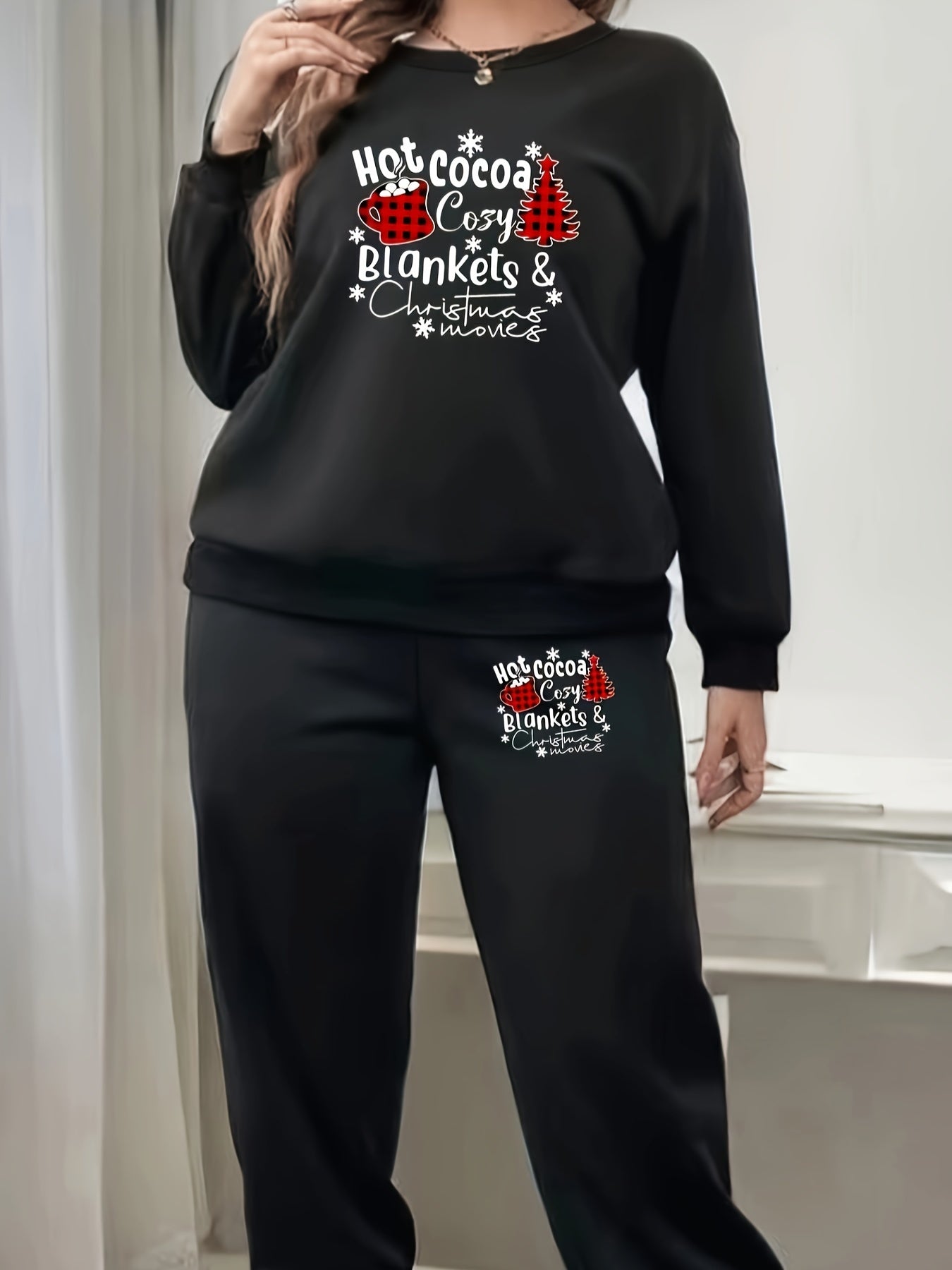 Women's Plus Christmas Tree Print Fleece Pullover & Joggers Set