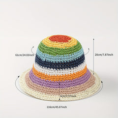 Rainbow Striped Sun Hat Boho Crochet Straw Cloche Hat LGBT Pride Bucket Hat