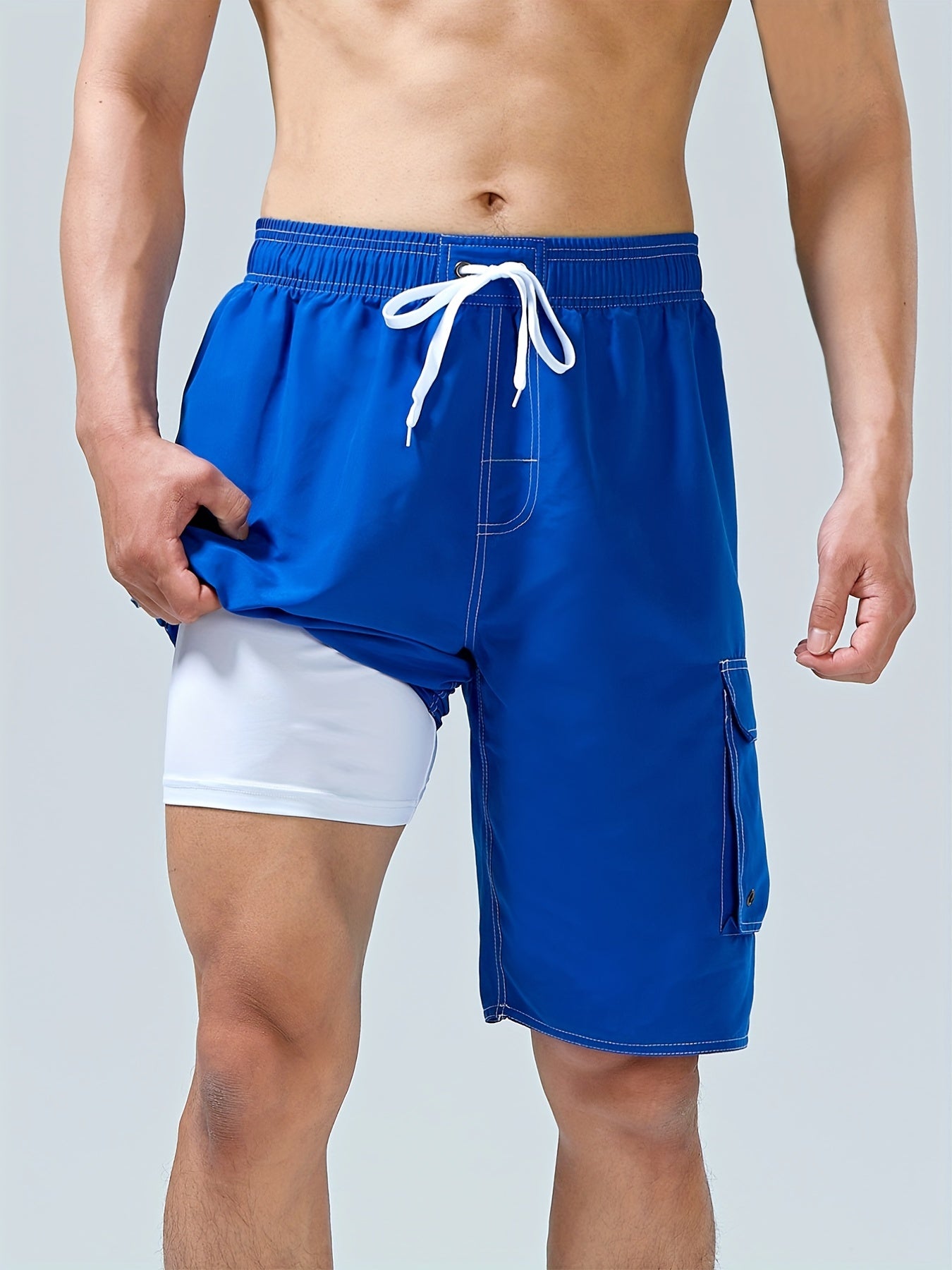 Men s Double Layer Shorts with Pocket Drawstring Waist Elastic
