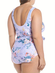 Floral Print Surplice Neck One Piece Swimsuit With Belt