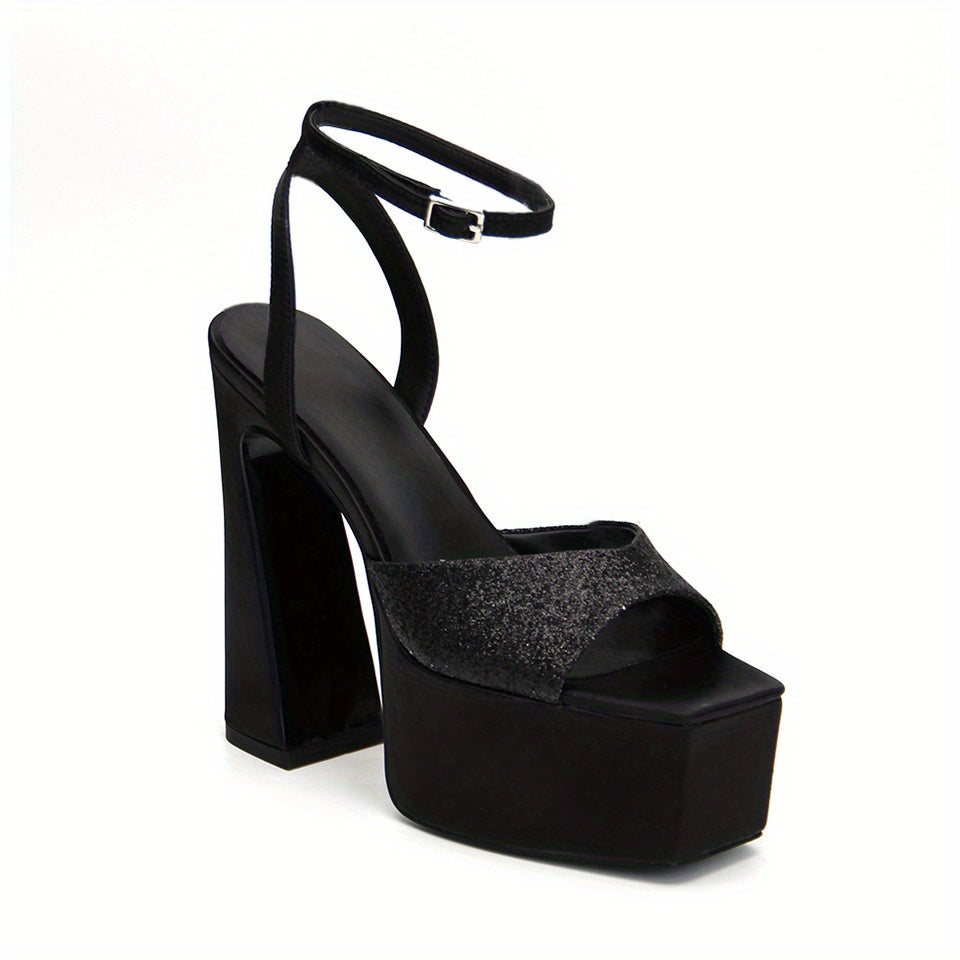 Sequins Pattern Heel Sandals Ankle Strap Slingback Platform Roman Shoes