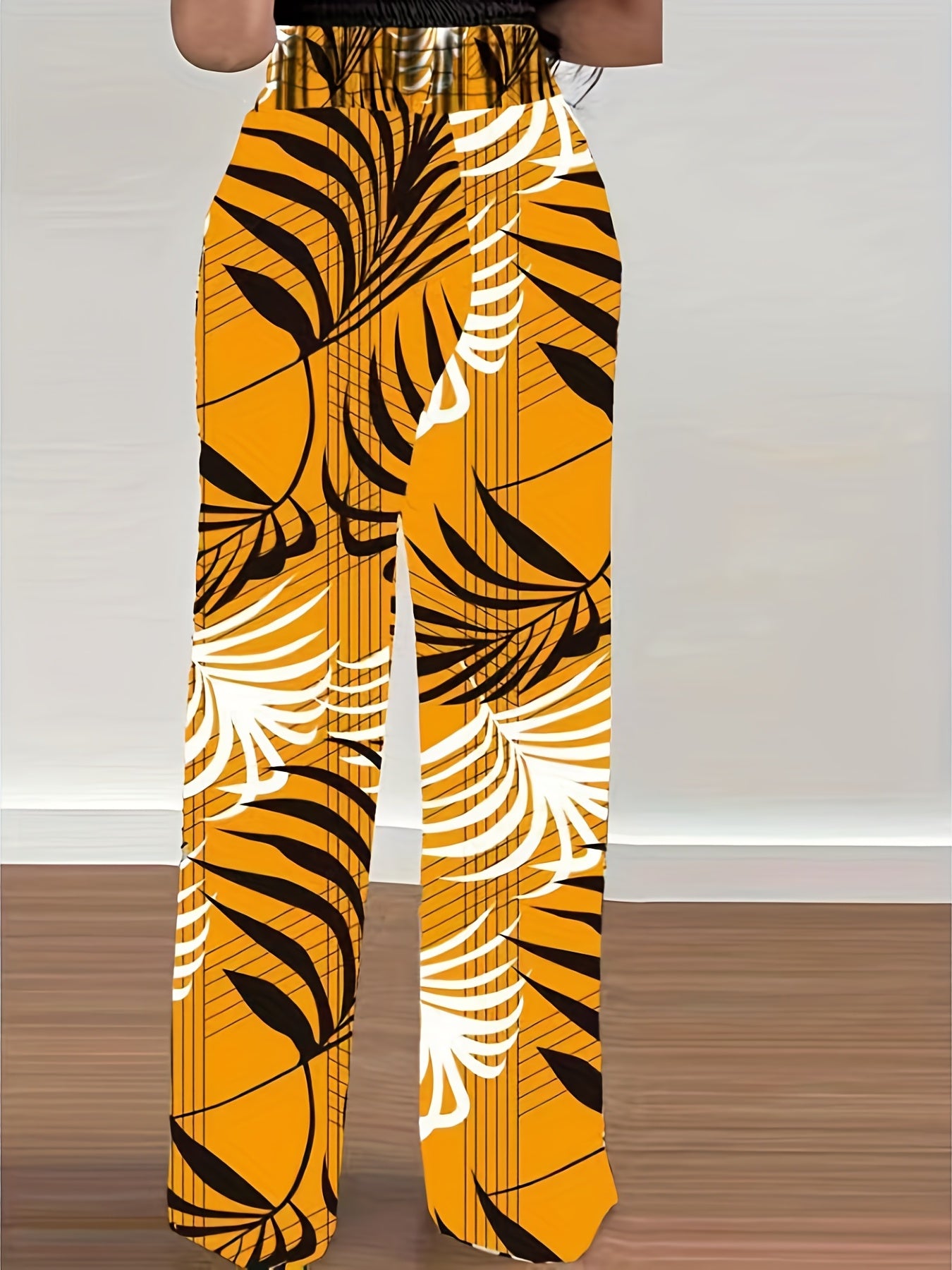 Plant Print Tie Waist Pants Wide Leg Long Length